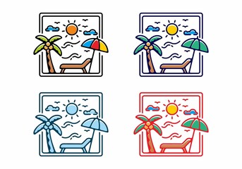 Colorful filled line art illustration of beach in square shape