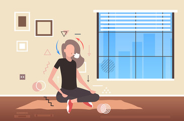 woman sitting lotus pose girl breathing oxygen and carbon dioxide transport cycle gas exchange concept living room interior horizontal full length