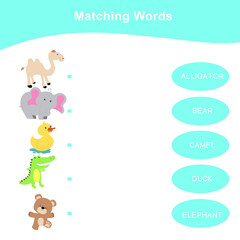 Animals matching words game. Matching words game for kids. Educational printable game cards. Preschool Education. Vector illustration.
