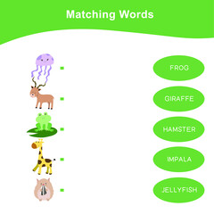 Animals matching words game. Matching words game for kids. Educational printable game cards. Preschool Education. Vector illustration.