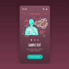 infected human lungs with virus cells bacteria pathogen respiratory diseases medical health risk concept smartphone screen mobile app portrait copy space