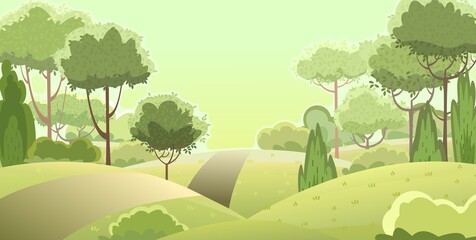 Naklejka premium Road. Amusing beautiful forest landscape. Trail. Cartoon style. Leaves. The path through the hills with grass. Cool romantic beauty. Flat design illustration. Vector art