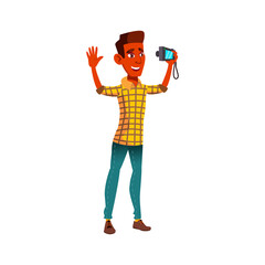 youth african man photographing himself on photo camera cartoon vector. youth african man photographing himself on photo camera character. isolated flat cartoon illustration