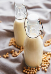 Soy milk and soy on the table