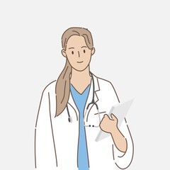 Fototapeta premium Young female doctor at clinic or hospital in healthcare or medical concept. Hand draw style. Vector illustration.