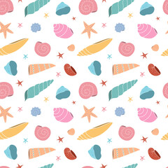 Seamless pattern with multicolored seashells on a white background. Wallpaper, fabric, splash or tekstyle.