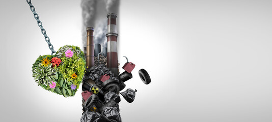 Environment And pollution as a group of green plants shaped as a heart destroying a polluted wall of dirty toxic industrial pollutants as a climate change solution concept - obrazy, fototapety, plakaty