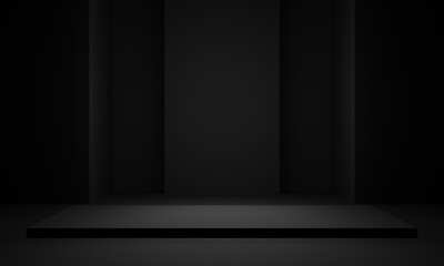 Dark room stage. Black stand. 3D rendering.