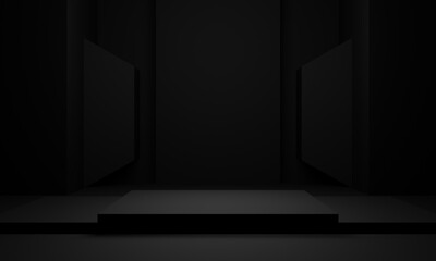 Dark room stage. Black stand. 3D rendering.