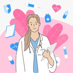 Young female doctor with medical supply at clinic or hospital in healthcare or medical concept. Hand draw style. Vector illustration.