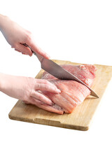 cutting pork meat into slices isolated on white background