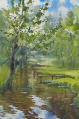A stream in the forest in spring watercolor background