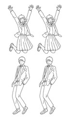 シンプルなタッチ　ジャンプする男女の学生のイラストレーション