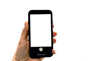 Close up hand holding black smartphone iPhone with white screen. Isolated on white background. 