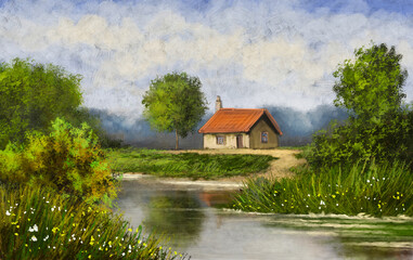 Fototapeta na wymiar Oil paintings landscape, fine art, house on the river in summer, river in the forest