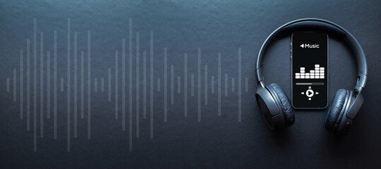 Music banner. Mobile smartphone screen with music application, sound headphones. Audio voice with...