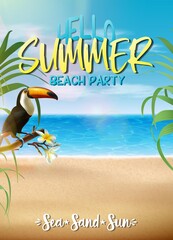 Vector summer sale banner template with tropical leaves and tukan bird.