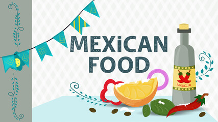 Mexican food illustration for flat design lettering title Tequila bottle with a slice of lime sprinkled with salt