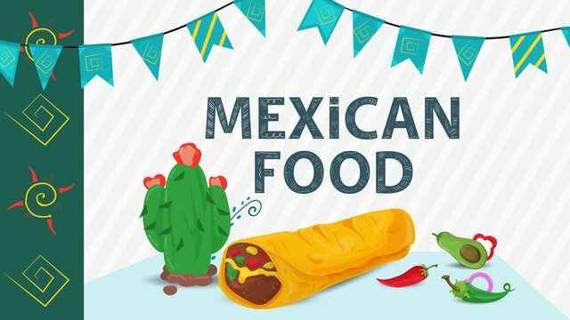 Mexican food illustration for flat design lettering name cactus tortilla burrito red hot pepper