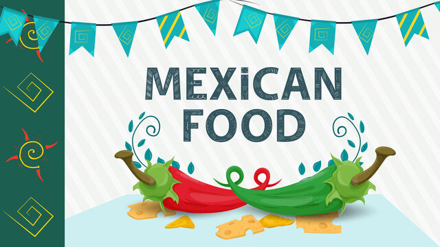 Mexican food illustration for flat design lettering name black and green pepper spices lie next to pieces of cheese