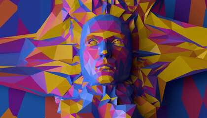 Digital human head, low poly, concept of artificial intelligence. 3D render / rendering.