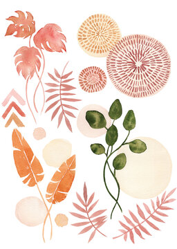 Minimalist abstract nature art shapes collection. Pastel color for fashion design, summer season or natural concept. Modern hand drawn plant leaf and tropical shape decoration set.