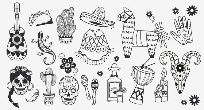 A set of Mexican items in a linear style. Outline image of Mexican national design elements. Isolated vector objects on a white background. Print on postcards, use for Internet layouts.