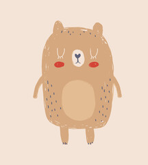 Cute Hand Drawn Vector Illustration with Little Bear. Lovely Nursery Art with Funny Brown Bear on a Dusty Beige Background. Simple Abstract Print ideal for Card, Wall Art,Poster, Woodland Party Decor.