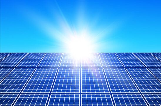 Solar panels and sun, solar energy produstion plant vector illustration.