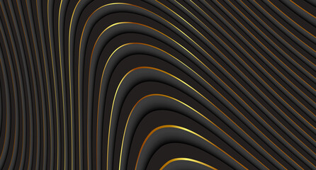 Abstract 3D black wavy background with gold pattern. Minimalist empty striped blank BG vector illustration.