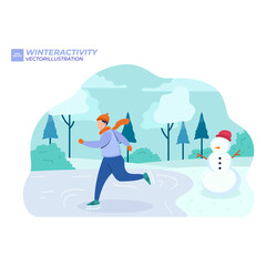 People walking in park. Men, women and children doing winter activities. Snowy landscape panorama. Active characters skiing, ice skating, playing snowballs, making snowman. Flat vector illustration.