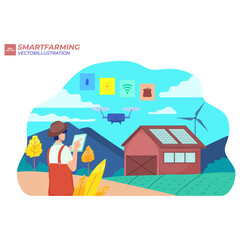 Smart organic farming info graphic. Farmer managing his industrial farm using smartphone app, flat vector isometric illustration. Clean energy. Iot, ai, drones, robotics technologies in agriculture.