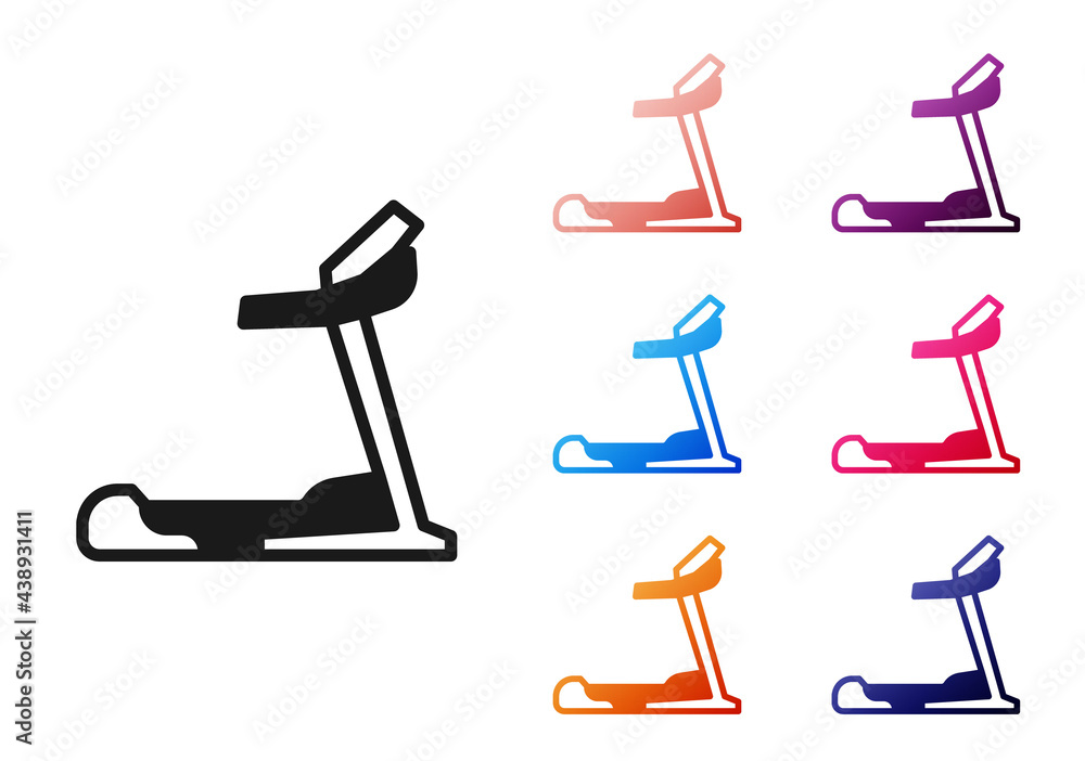 Sticker Black Treadmill machine icon isolated on white background. Set icons colorful. Vector