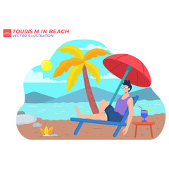 man in swimsuit sunbathing lying on lounger at sea or ocean beach. Beautiful girl drinking coconut cocktail relaxing under palm tree. Summer holiday or luxury vacation. Flat vector illustration.I