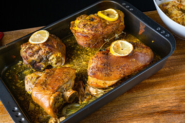 Crispy roasted pork knuckles from the oven