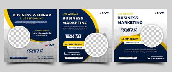 Webinar business social media post template. Modern banner design with place for the photo. Usable for social media, banners, and websites.