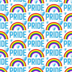 Pride vector pattern. Seamless pattern with hearts and rainbows of the flag and text of Pride. LGBT Day. June-Pride Month. Lesbian, gay, transgender. Vector illustration. For cards, posters, banners.