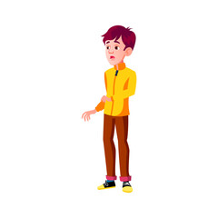 young boy looking with surprise at modern technology gadget in store cartoon vector. young boy looking with surprise at modern technology gadget in store character. isolated flat cartoon illustration