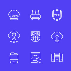 hosting, dns and vpn line icons set