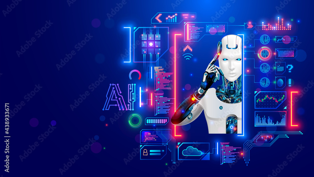 Fototapete AI. Artificial intelligence. Robot or cyborg looking at virtual HUD interface. Machine learning concept. Modern tech frame for text, picture in computer electronic technology style. Face of android.