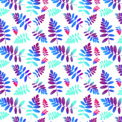 Vector seamless pattern of leaves. Background with tropical plants for wallpaper, textile, design, print. Delicate, fashionable, summer, spring, gentle, bright. Organic, botanical freehand drawing.