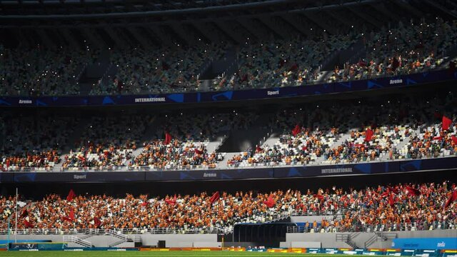 crowd fans wait soccer championship in stadium arena at day. High quality 4k footage