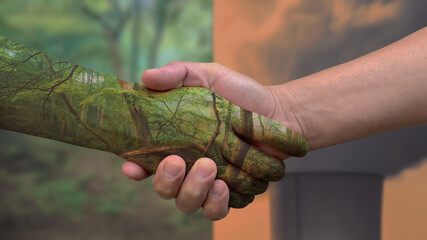 Environment concept. Handshake between human and mother nature