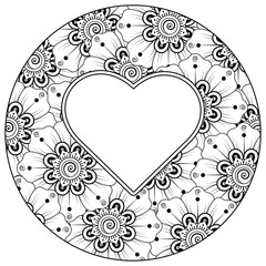Mehndi flower with frame in shape of heart for henna, mehndi, tattoo, decoration. decorative ornament in ethnic oriental style. doodle ornament. coloring book page.