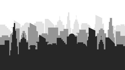 Gray silhouette of modern city skyline. Cityscape with sun and clouds. Vector illustration in flat style