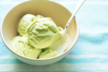 Pistachio ice creams in bowl 