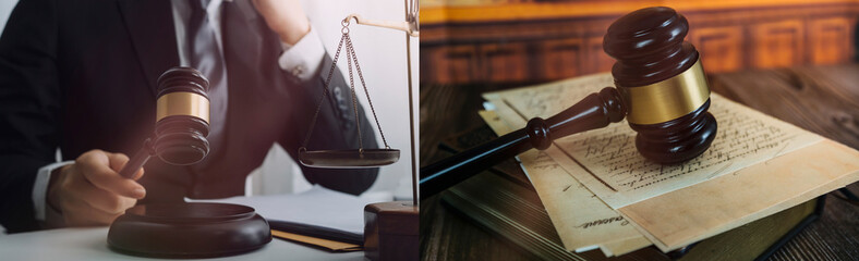 Justice and law concept.Male judge in a courtroom with the gavel, working with, computer and...