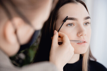 Correction and tint henna of eyebrows, master applies brush to woman marking on brow