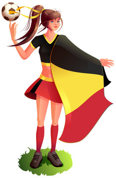 Woman fan soccer player in sports uniform hold belgium flag and soccer ball