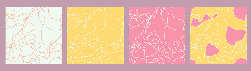 Abstract simple minimalistic liquid marble patterns. Flat line design. Swirls of pastel pink and yellow colors. 